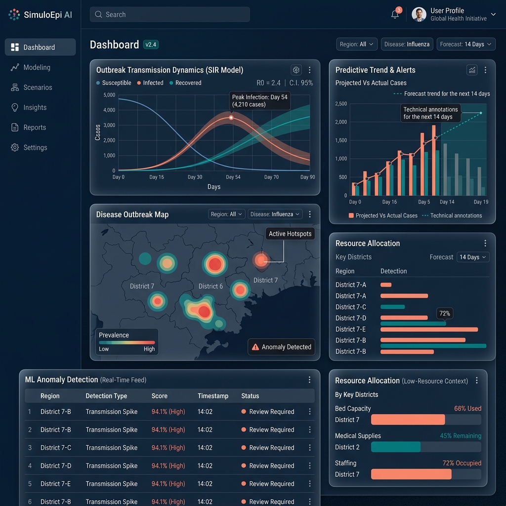 AI-assisted public health simulation platform showing epidemiological projections and transmission curves