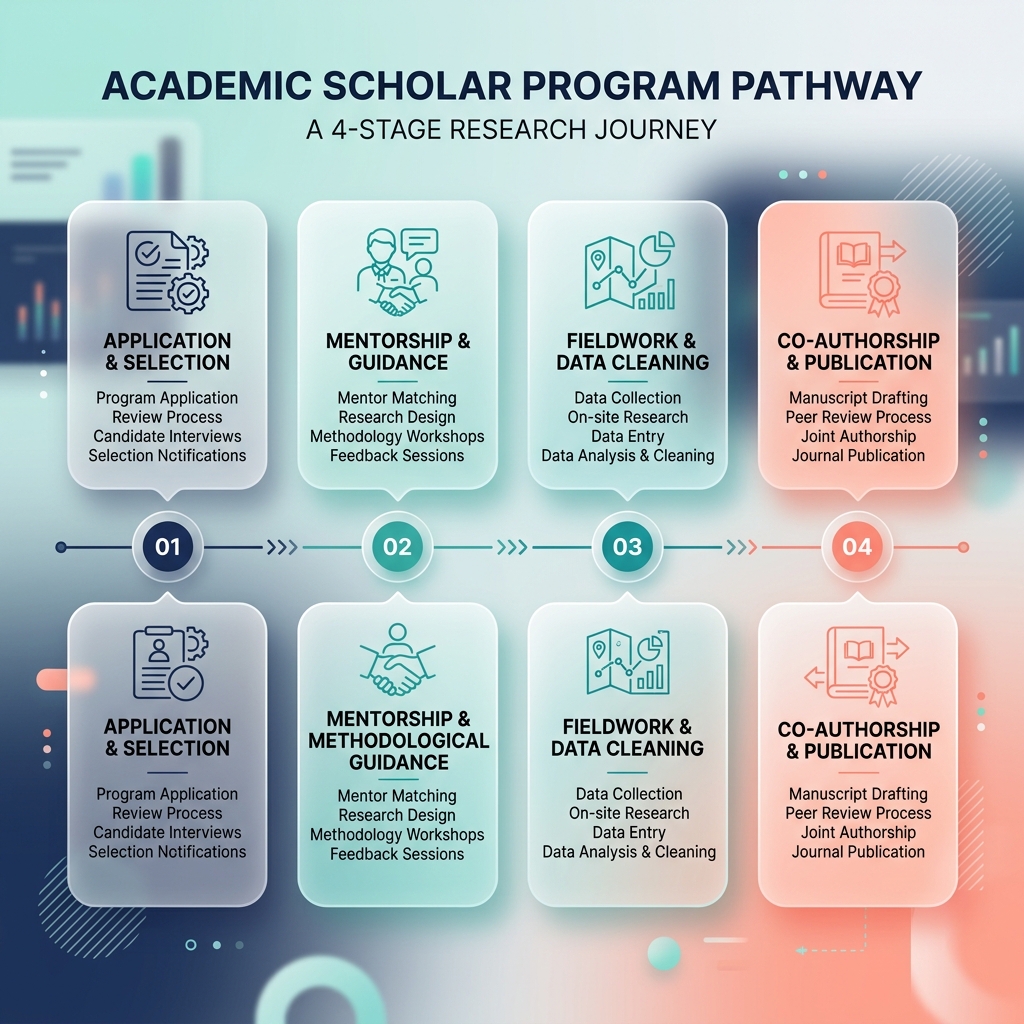 Scholar program timeline infographic displaying the 4-stage pathway from application to co-authorship and publication