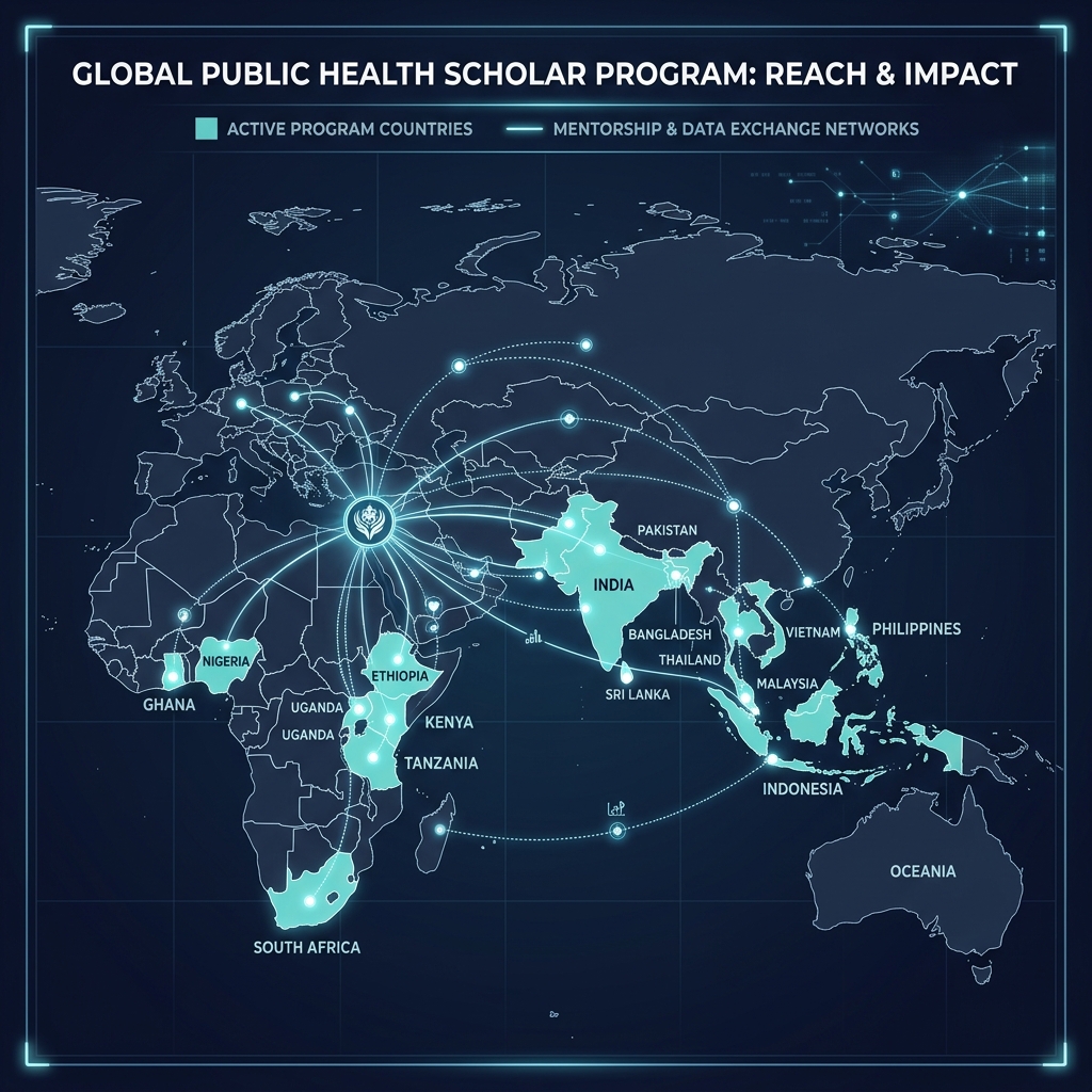 Global program reach map highlighting active research nodes and scholar origins across South Asia, Southeast Asia, and Africa